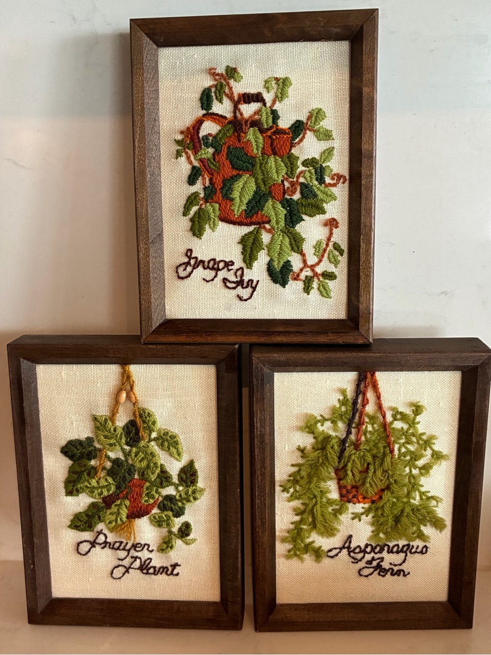 Vintage 1970s Hand-Embroidered Hanging Plant Wall Art